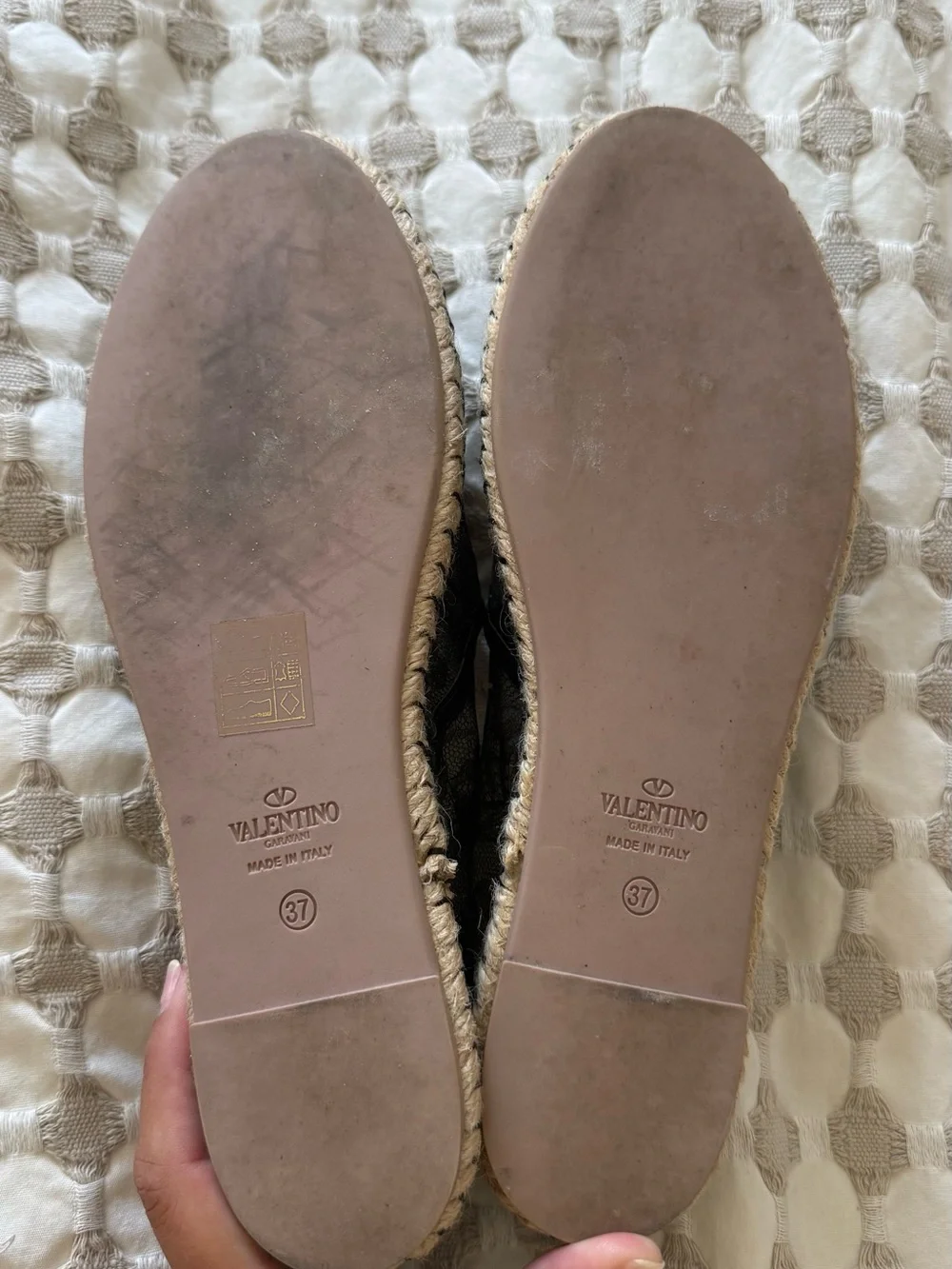 Valentino Black Lace Espadrille Flats with Natural Rope Trim